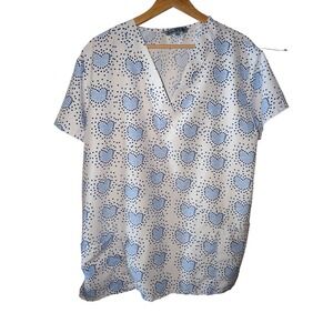 Bannock Court Womens XL Scrub‎ Top Blue Pixelated Heart Print V-Neck  White
